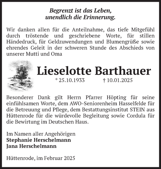 Traueranzeige von Lieselotte Barthauer von Volksstimme Wernigerode