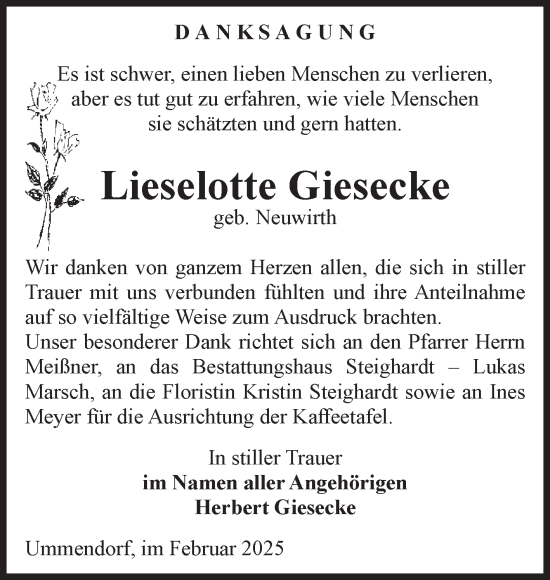 Traueranzeige von Lieselotte Giesecke von Volksstimme Oschersleben/Wanzleben