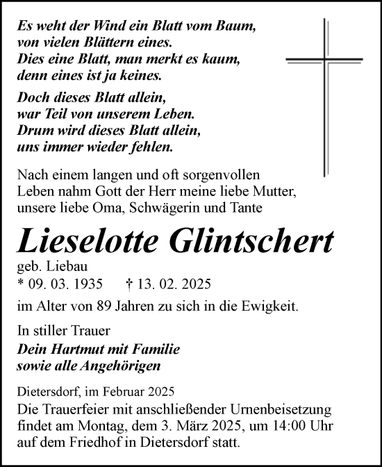 Traueranzeige von Lieselotte Glintschert von Trauerkombi Sangerhausen