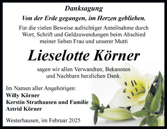 Traueranzeige von Lieselotte Körner von Trauerkombi Quedlinburg