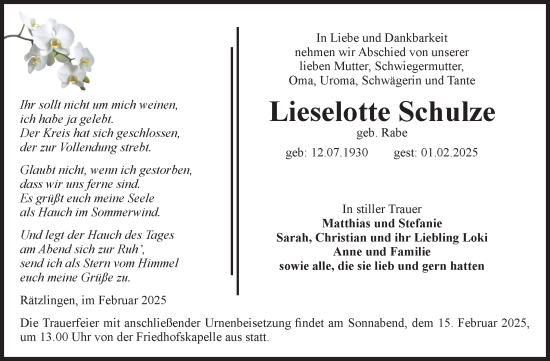 Traueranzeige von Lieselotte Schulze von Volksstimme Altmark West