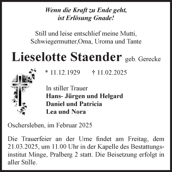 Traueranzeige von Lieselotte Staender von Volksstimme Oschersleben/Wanzleben
