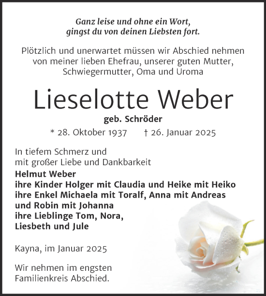 Traueranzeige von Lieselotte Weber von Trauerkombi Zeitz