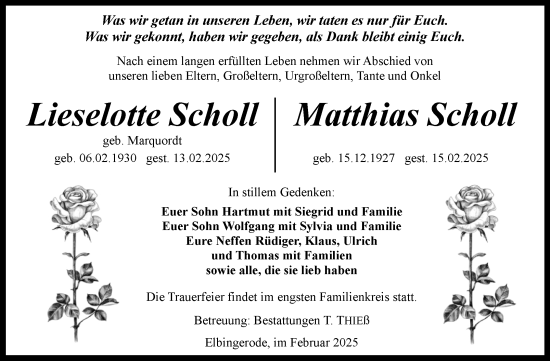 Traueranzeige von Lieselotte und Matthias  Scholl  von Volksstimme Wernigerode