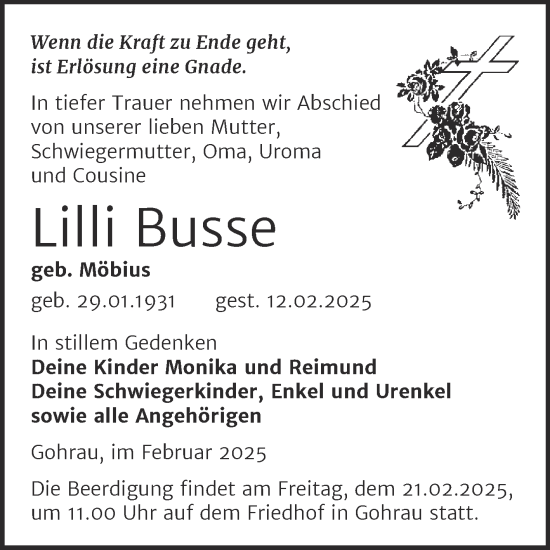Traueranzeige von Lilli Busse 