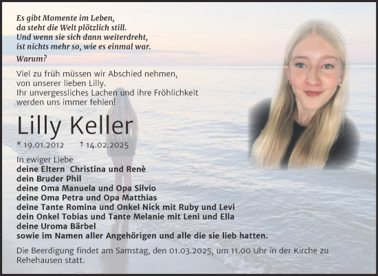 Traueranzeige von Lilly Keller von Naumburger Tageblatt