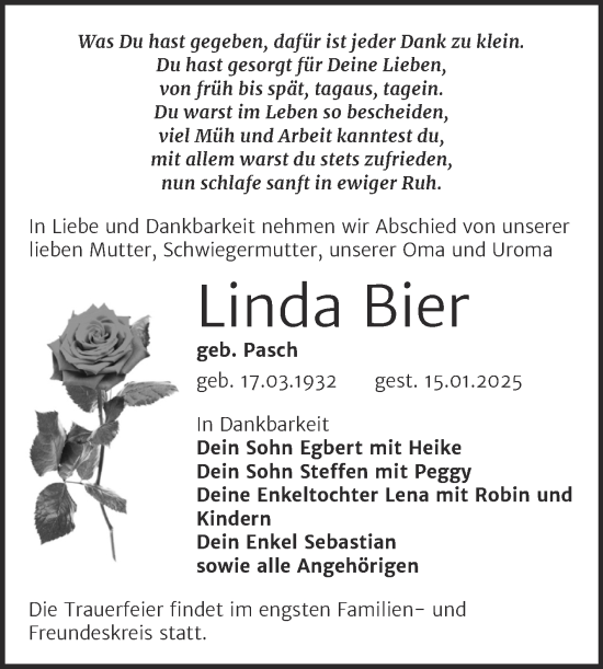 Traueranzeige von Linda Bier von Trauerkombi Bitterfeld