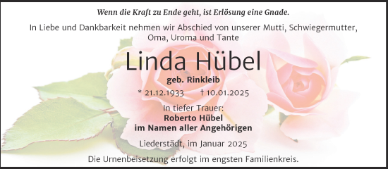 Traueranzeige von Linda Hübel von Trauerkombi Merseburg
