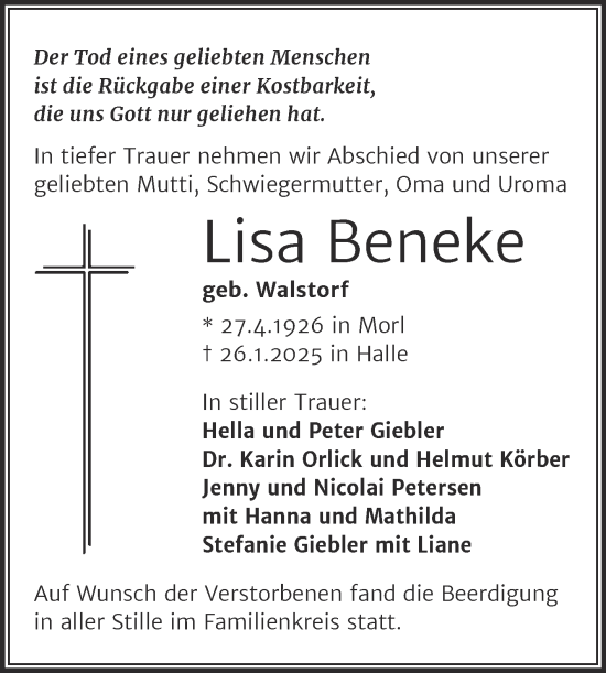 Traueranzeige von Lisa Beneke von Mitteldeutsche Zeitung Halle/Saalkreis