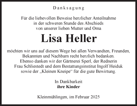 Traueranzeige von Lisa Heller von Volksstimme Schönebeck