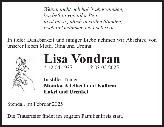 Traueranzeige von Lisa Vondran von Volksstimme Altmark Ost