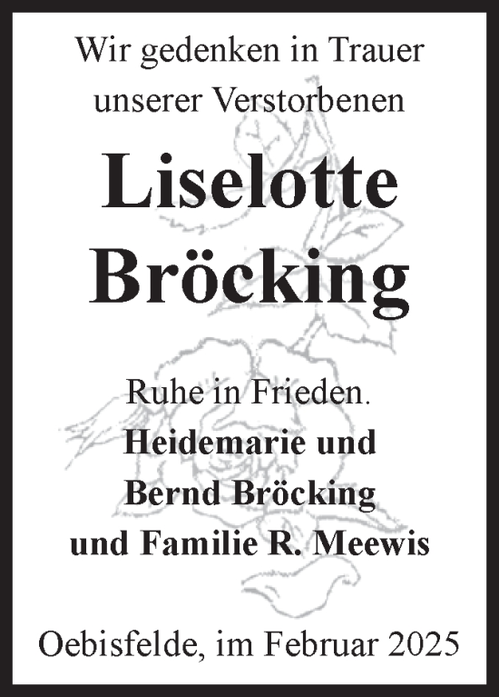 Traueranzeige von Liselotte Bröcking von Volksstimme Altmark West