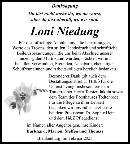 Traueranzeige von Loni Niedung von Volksstimme Wernigerode