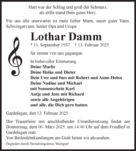 Traueranzeige von Lothar Damm von Volksstimme Altmark West