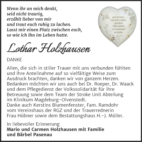 Traueranzeige von Lothar Holzhausen von Trauerkombi Aschersleben