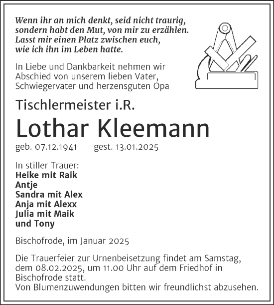 Traueranzeige von Lothar Kleemann von Trauerkombi Mansfelder Land
