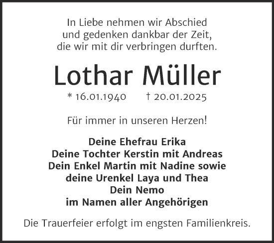 Traueranzeige von Lothar Müller von Trauerkombi Bitterfeld