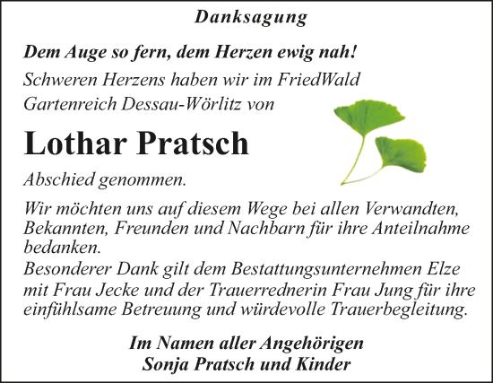 Traueranzeige von Lothar Pratsch von Trauerkombi Dessau