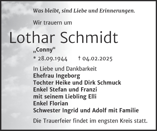 Traueranzeige von Lothar Schmidt von Trauerkombi Bernburg