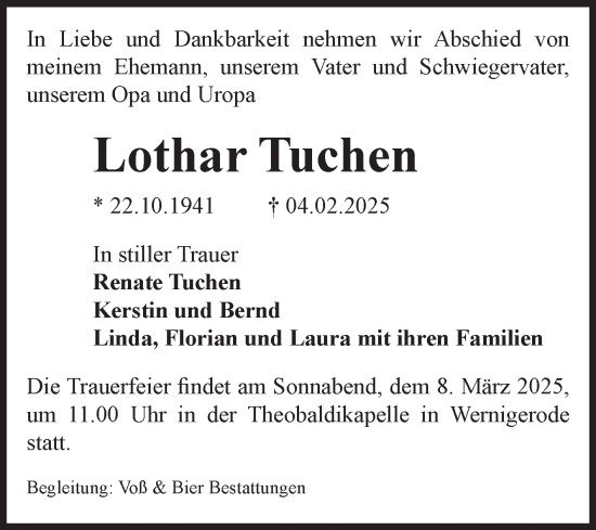 Traueranzeige von Lothar Tuchen von Volksstimme Wernigerode
