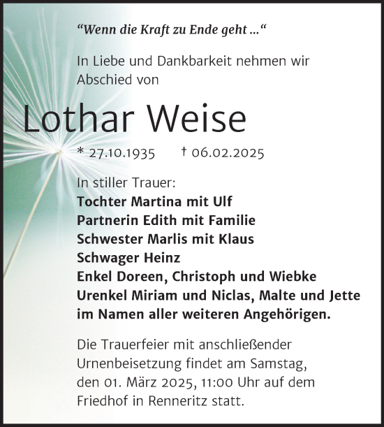 Traueranzeige von Lothar Weise von Trauerkombi Bitterfeld