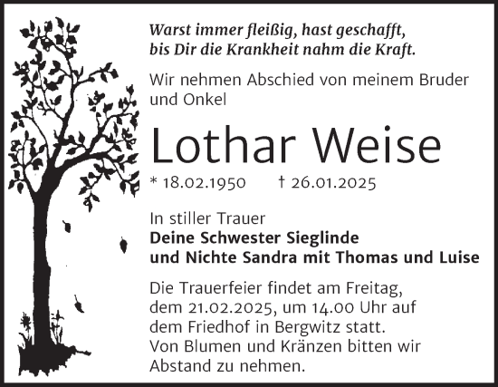 Traueranzeige von Lothar Weise von Trauerkombi Wittenberg