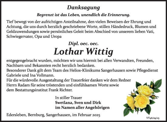 Traueranzeige von Lothar Wittig von Trauerkombi Sangerhausen