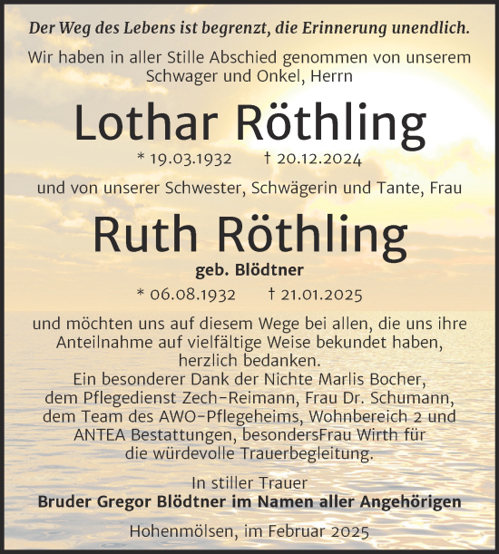 Traueranzeige von Lothar und Ruth Röthling von Trauerkombi Weißenfels