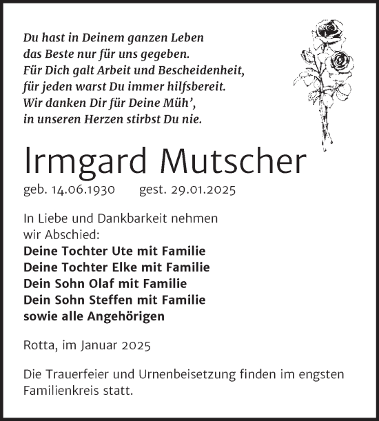 Traueranzeige von lrmgard Mutscher von Trauerkombi Wittenberg