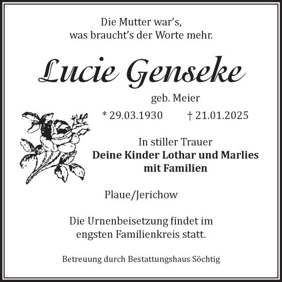 Traueranzeige von Lucie Genseke von Volksstimme Burg/Genthin