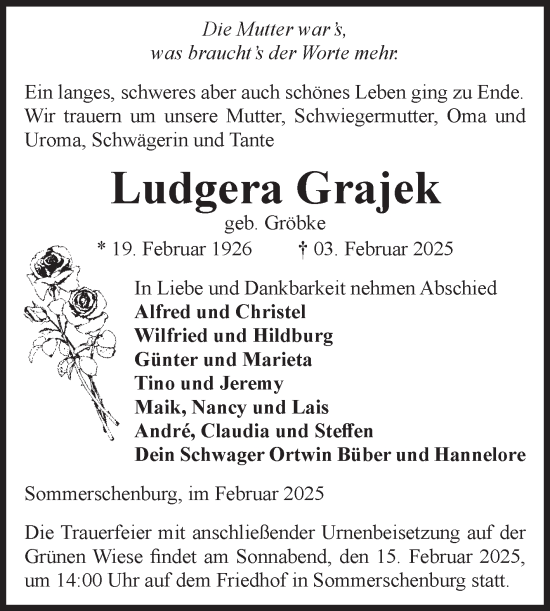 Traueranzeige von Ludgera Grajek von Volksstimme Oschersleben/Wanzleben