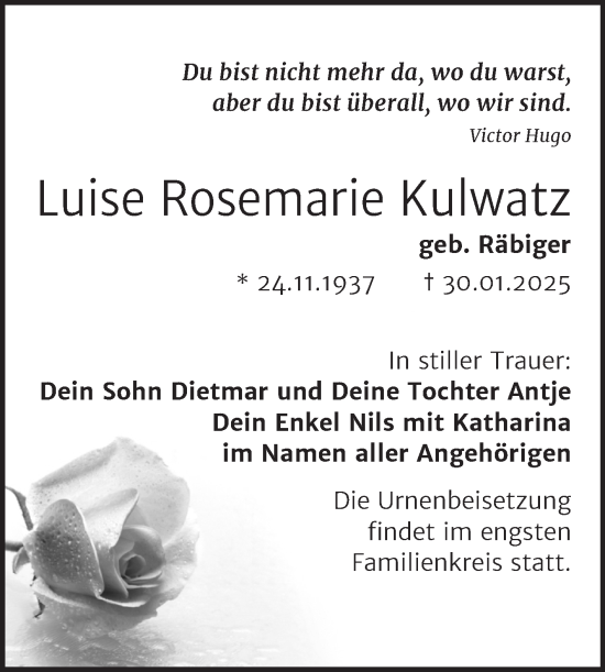 Traueranzeige von Luise Rosemarie Kulwatz von Trauerkombi Wittenberg