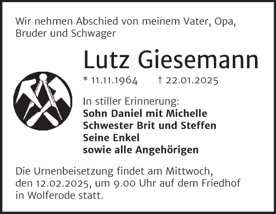 Traueranzeige von Lutz Giesemann von Trauerkombi Mansfelder Land