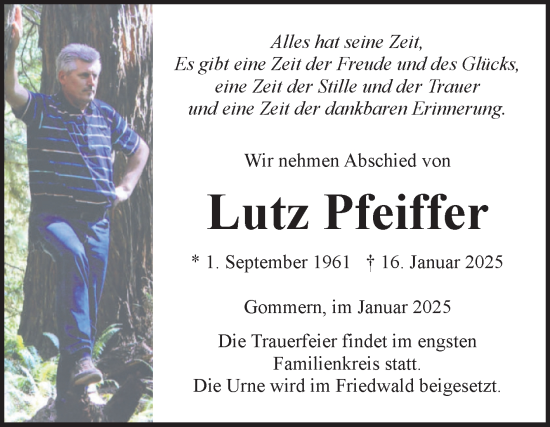 Traueranzeige von Lutz Pfeiffer von Volksstimme Burg/Genthin