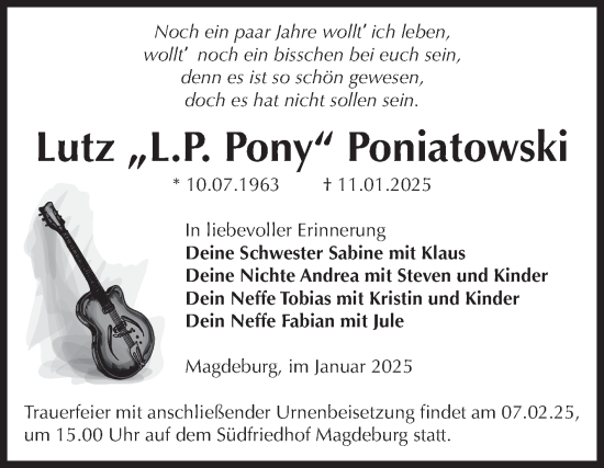 Traueranzeige von Lutz Poniatowski von Volksstimme Magdeburg