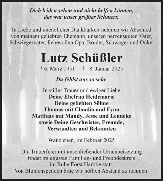 Traueranzeige von Lutz Schüßler von Volksstimme Oschersleben/Wanzleben
