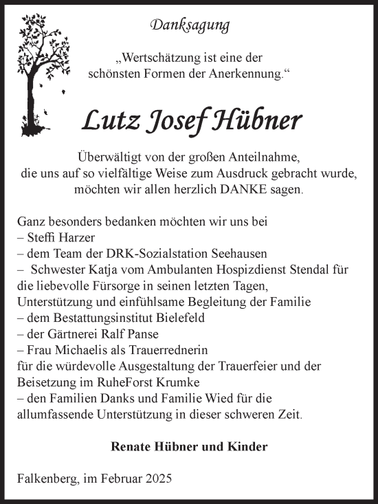 Traueranzeige von Lutz Josef Hübner von Volksstimme Altmark Ost