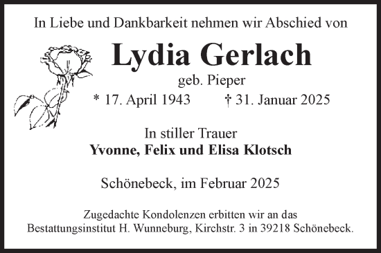 Traueranzeige von Lydia Gerlach von Volksstimme Schönebeck