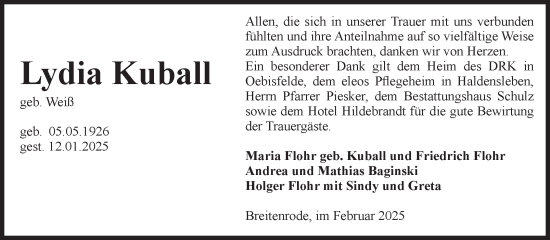 Traueranzeige von Lydia Kuball von Volksstimme Altmark West