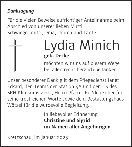 Traueranzeige von Lydia Minich von Trauerkombi Zeitz