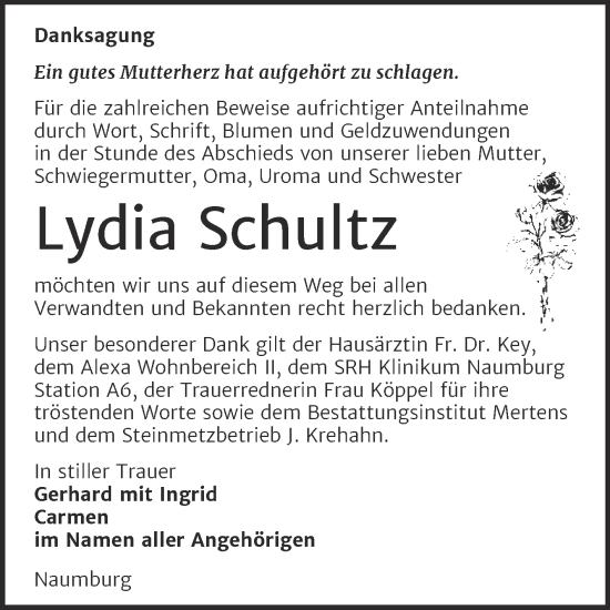 Traueranzeige von Lydia Schultz von Naumburger Tageblatt