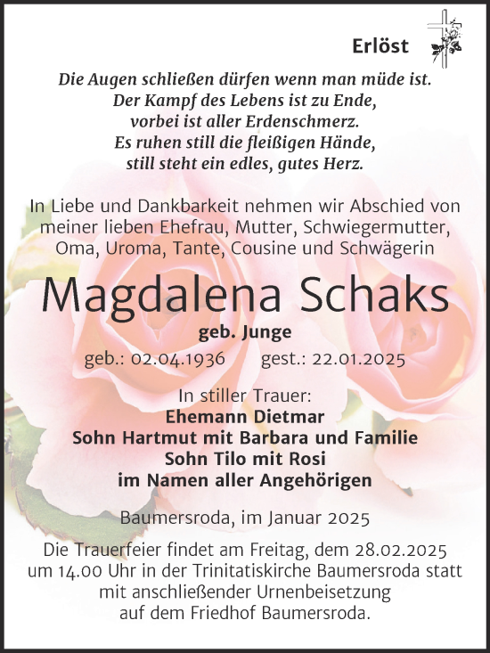 Traueranzeige von Magdalena Schaks von Super Sonntag Naumburg/Nebra