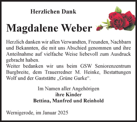 Traueranzeige von Magdalene Weber von Volksstimme Wernigerode