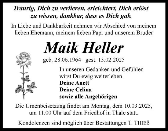 Traueranzeige von Maik Heller von Trauerkombi Quedlinburg