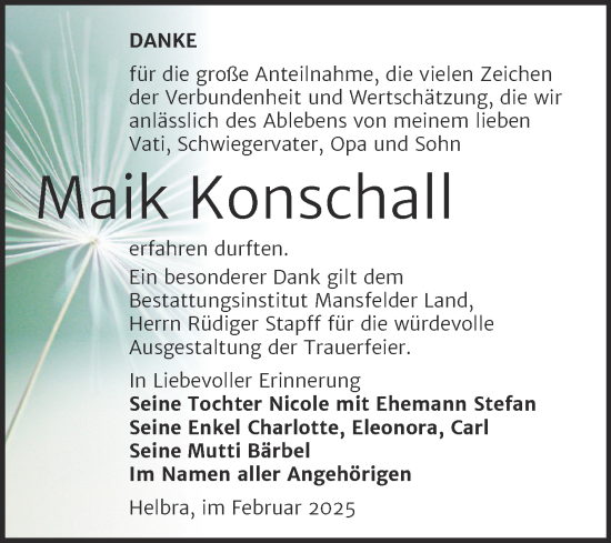 Traueranzeige von Maik Konschall von Trauerkombi Mansfelder Land