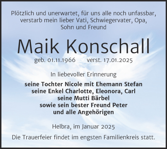 Traueranzeige von Maik Konschall von Trauerkombi Mansfelder Land