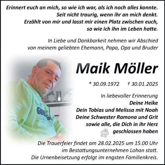 Traueranzeige von Maik Möller von Trauerkombi Bitterfeld