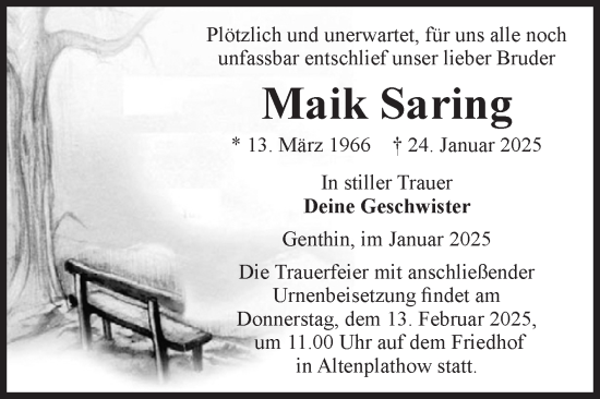 Traueranzeige von Maik Saring von Volksstimme Burg/Genthin