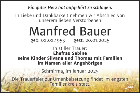 Traueranzeige von Manfred Bauer von Trauerkombi Merseburg