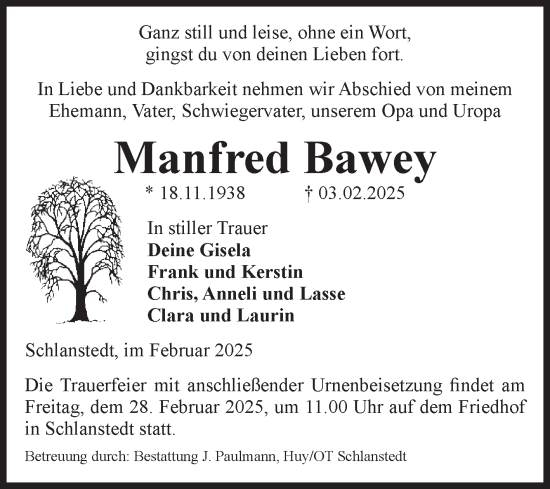 Traueranzeige von Manfred Bawey von Volksstimme Halberstadt